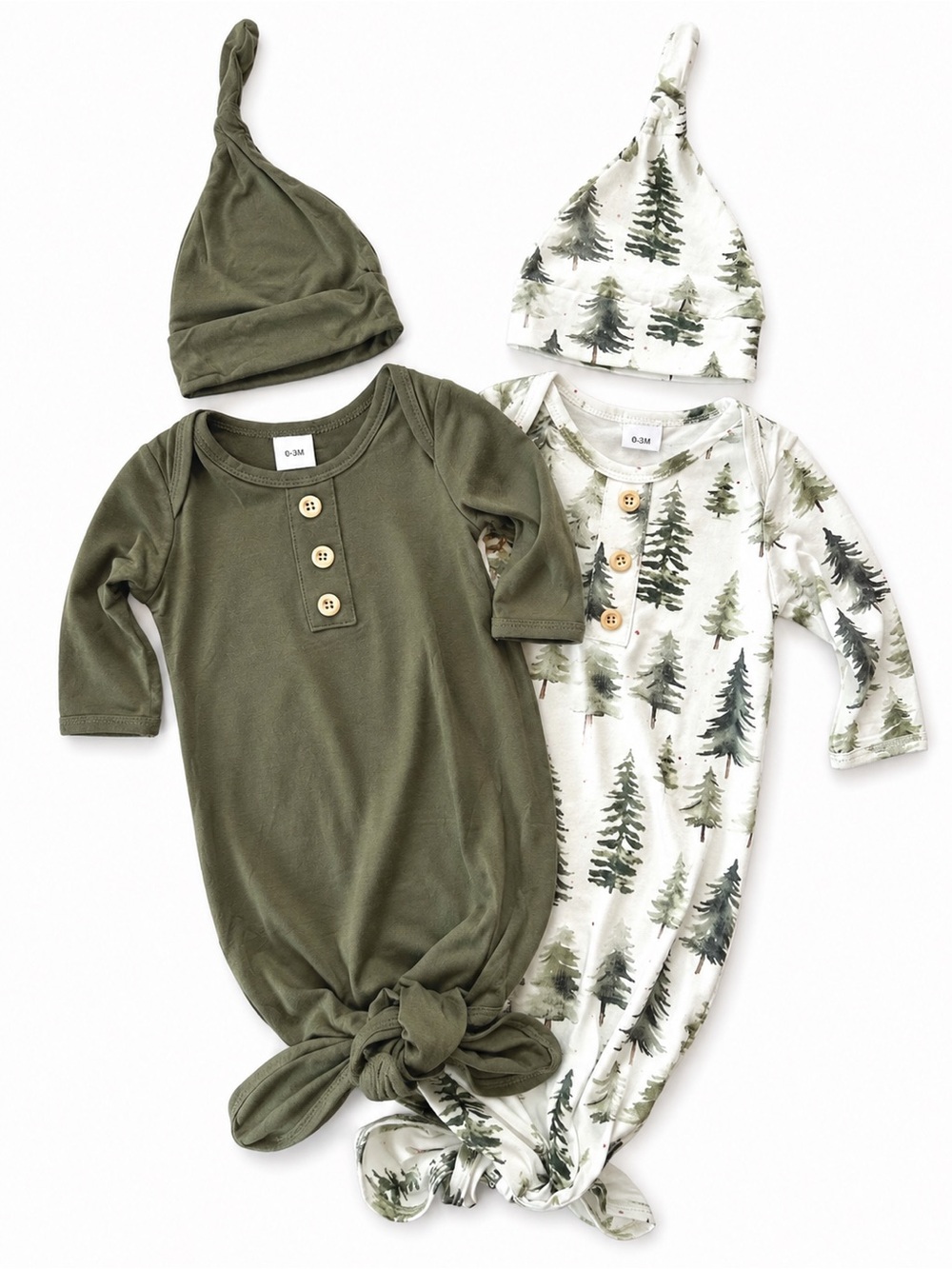 NWOT Forest Olive & Pine Tree Knotted Gown Set - 2 Pack